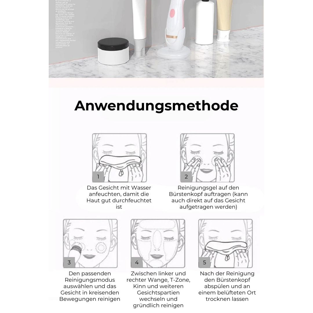 Anwendung der Gesichtsreinigungsbürste mit Aufsätzen